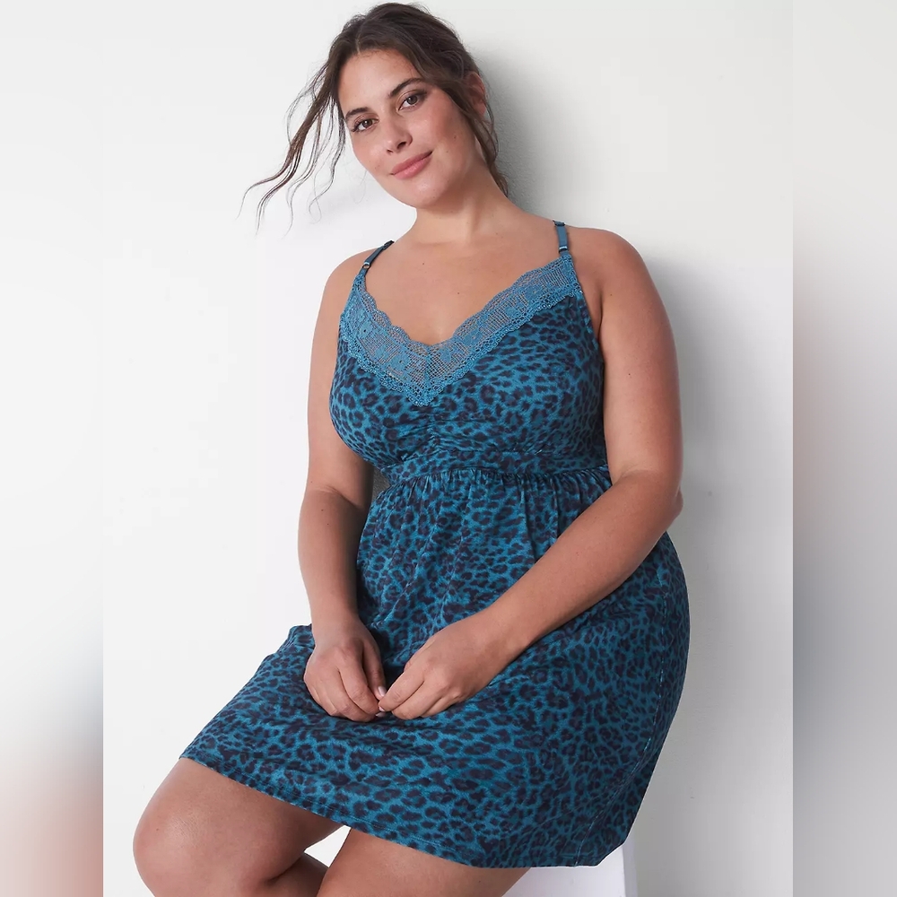 Lane Bryant Cacique Blue Comfy Cotton Chemise Modern  Leopard Hydro
